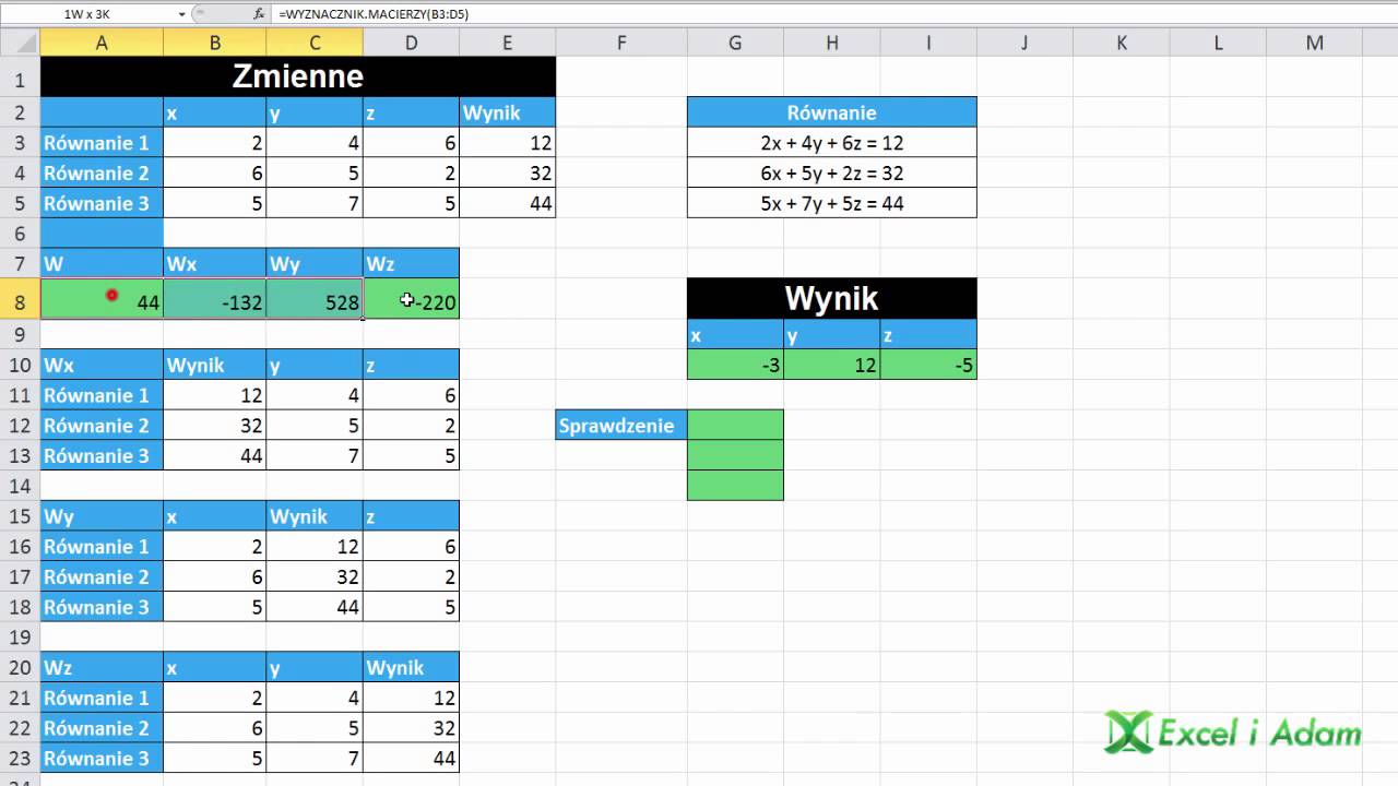 Excel - Rozwiązanie równań z 3 niewiadomymi - Metoda wyznaczników Rozwiąż Krzyżówkę I Zapisz Hasło