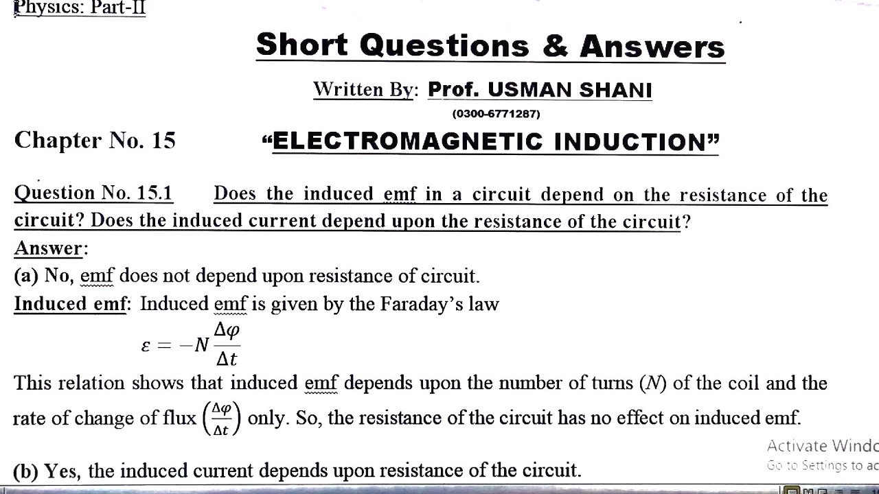 Exercise Short Questions & Answers |Ch:15 Electromagnetic Induction Student Exploration Electromagnetic Induction Answer Key