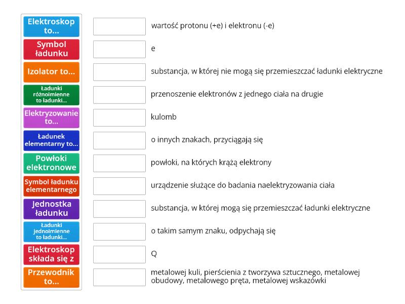 Fizyka 8 Elektrostatyka - Połącz w pary Sprawdzian Fizyka Elektrostatyka Klasa 8 Nowa Era