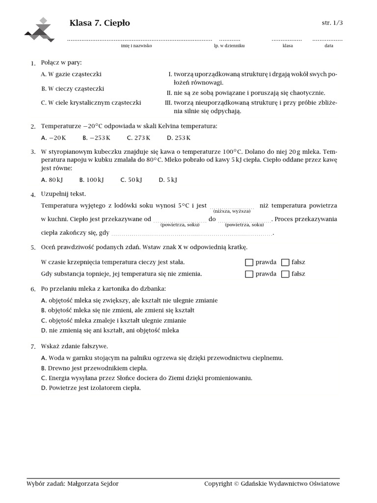 Fizyka Klasa 7 Test Dzial 2