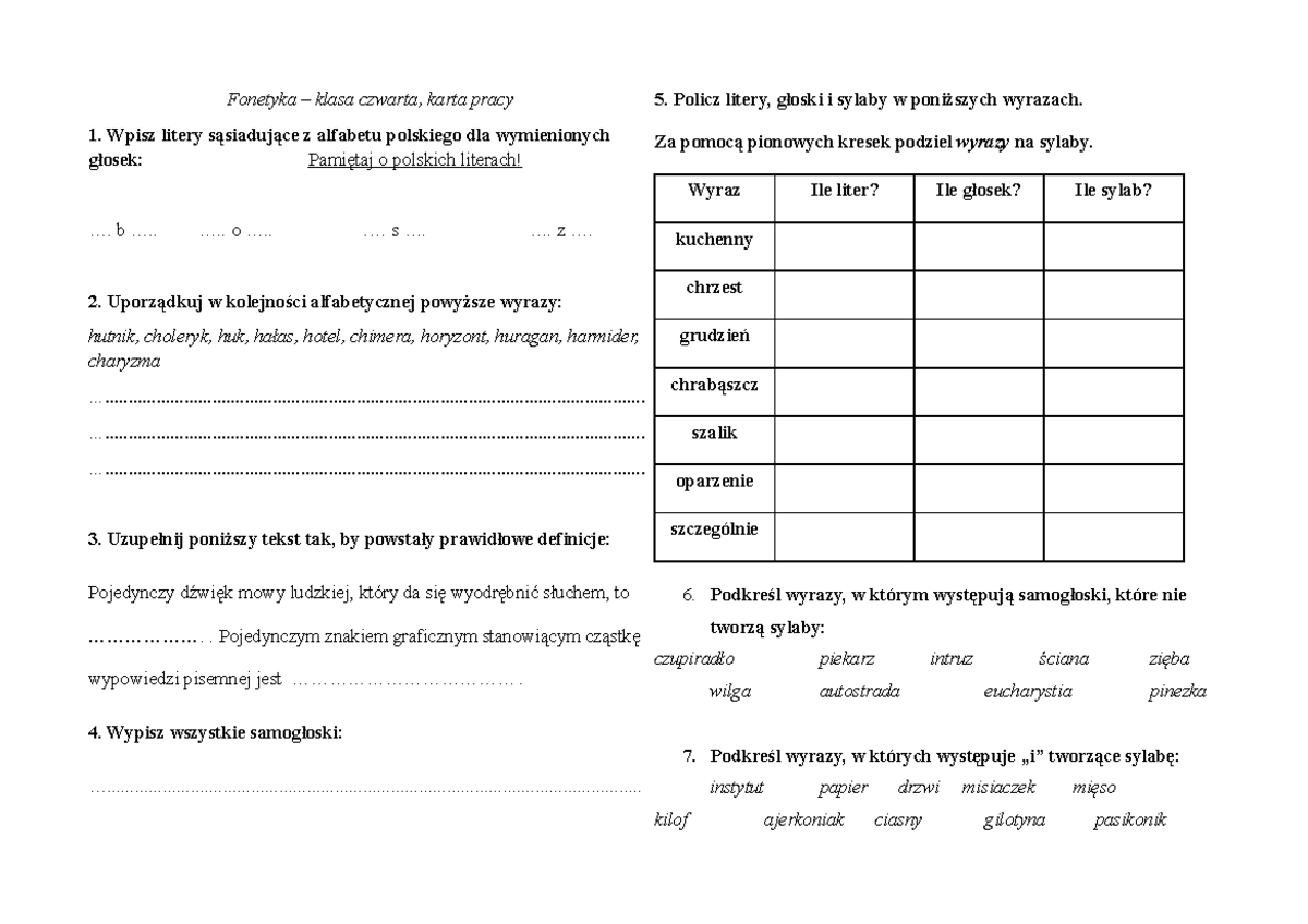 Fonetyka sprawdzian klasa 4 - Fonetyka – klasa czwarta, karta pracy Sprawdzian Polski Klasa 4 Dzial 1