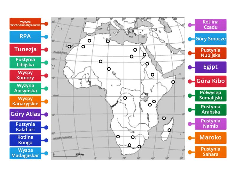 Geografia kl. 8 Mapa afryki - wyspy, półwyspy; kotliny; wyżyny, góry Test Geografia Klasa 8 Afryka