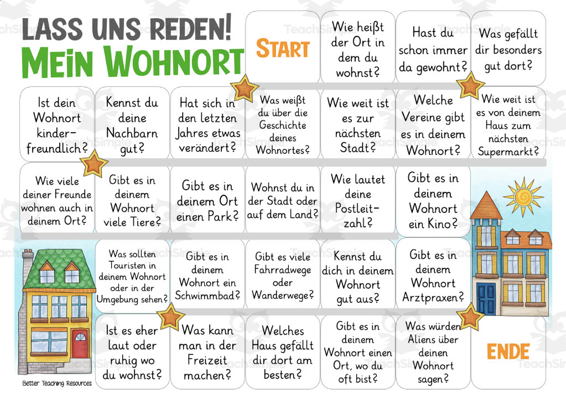 German: Let's Talk About Our Residence Board Game by Teach Simple Sprawdzian Mit Links 2 Mein Wohnort