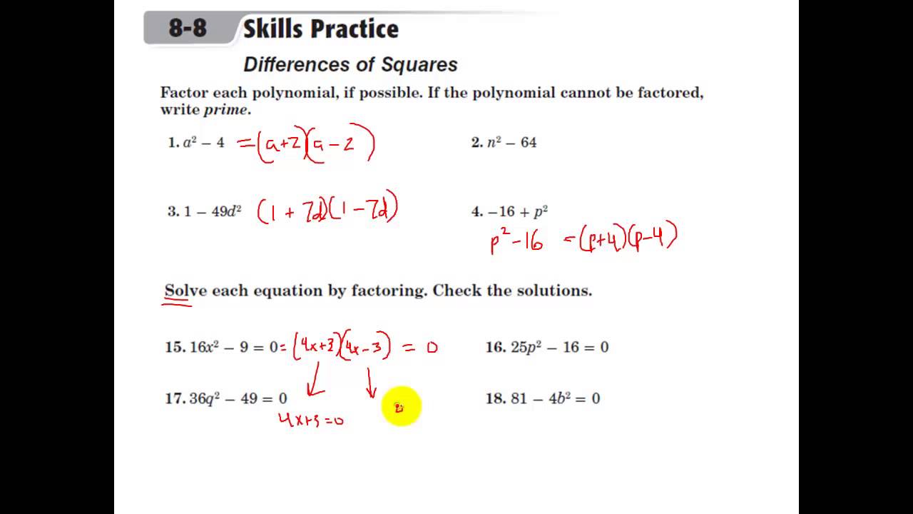 Glencoe Algebra 1 - Factoring Difference of Squares - YouTube Glencoe Algebra 1 Chapter 6 Answer Key