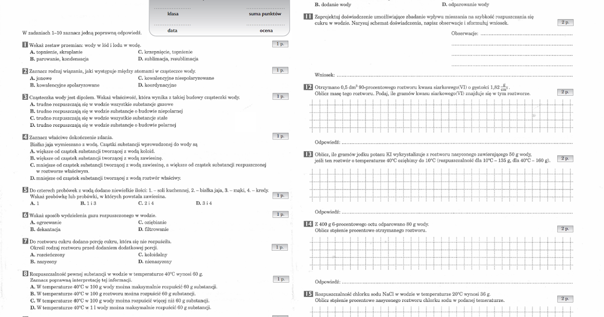 GotowcePL: Chemia | Gimnazjum | Woda i roztwory wodne | Gr.B Woda I Roztwory Wodne Sprawdzian Klasa 7 Pdf