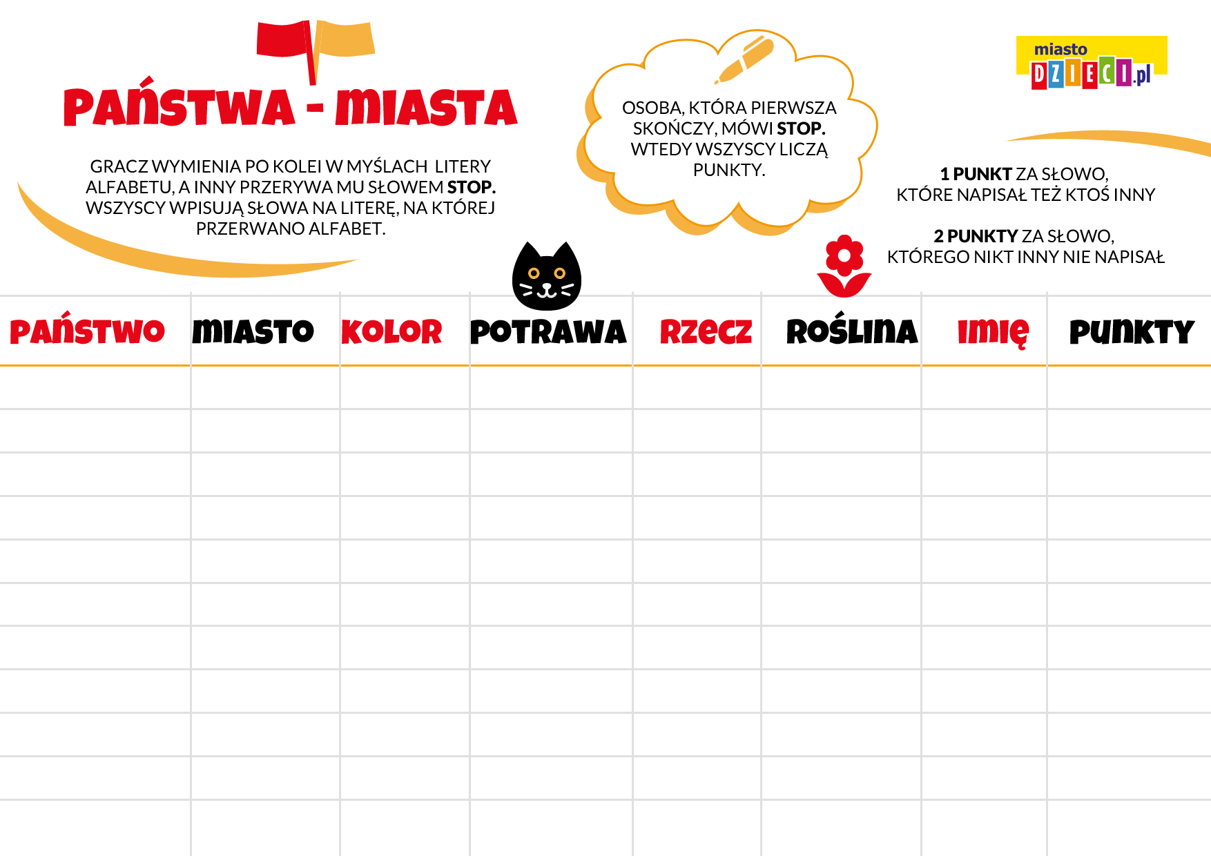 Gra Państwa Miasta do druku - pobierz szablon pdf. Państwa miasta Państwa Miasta Odpowiedzi Na Cały Alfabet