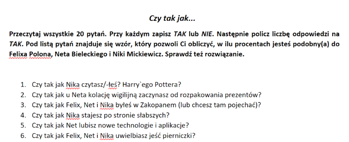 Gra typu psychotest z lektury "Felix, Net i Nika oraz Gang Test Z Felix Net I Nika