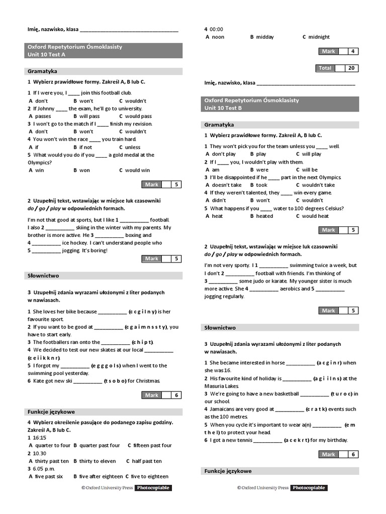 Gramatyka: Oxford Repetytorium Ósmoklasisty Unit 10 Test A | PDF Oxford Repetytorium ósmoklasisty Unit 1 Test A