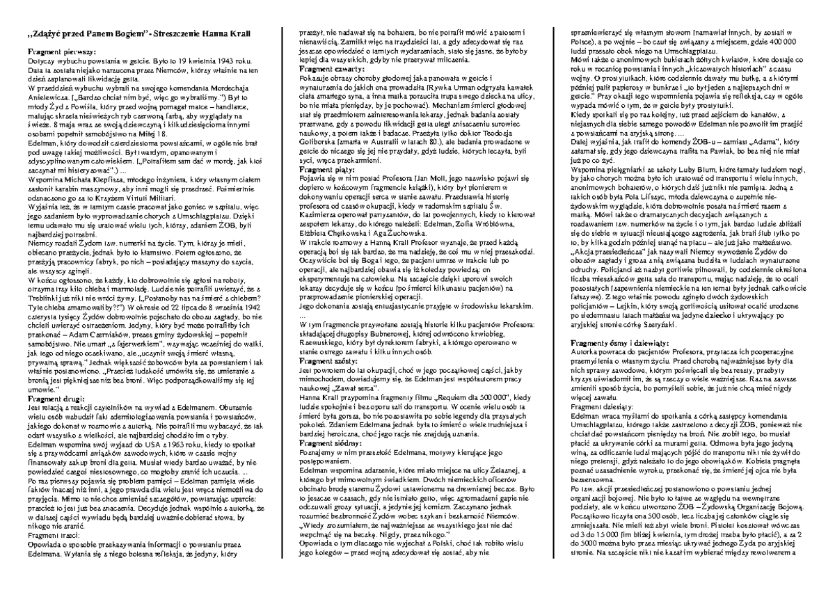Hanna Krall - Zdążyć przed Panem Bogiem (streszczenie, bohaterowie Zdążyć Przed Panem Bogiem Test Pdf