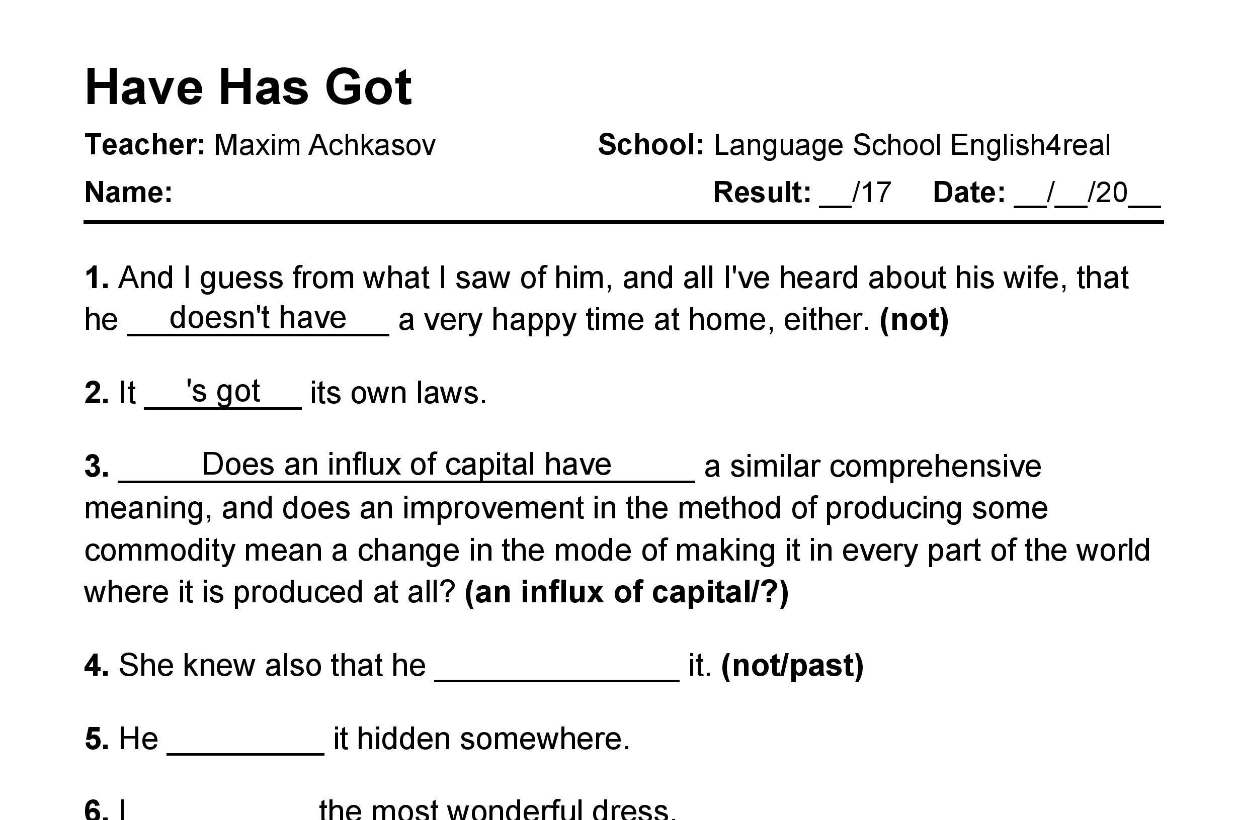 Have Got vs. Has Got | English grammar fill in the blanks exercises Have Got Has Got ćwiczenia Klasa 4 Pdf