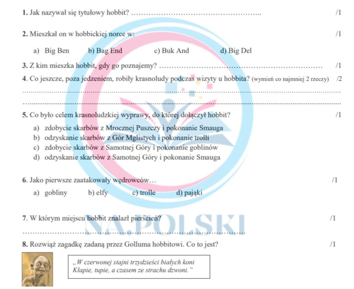 "Hobbit" - kartkówka ze znajomości lektury • Złoty nauczyciel Sprawdzian Ze Skladni Klasa 8