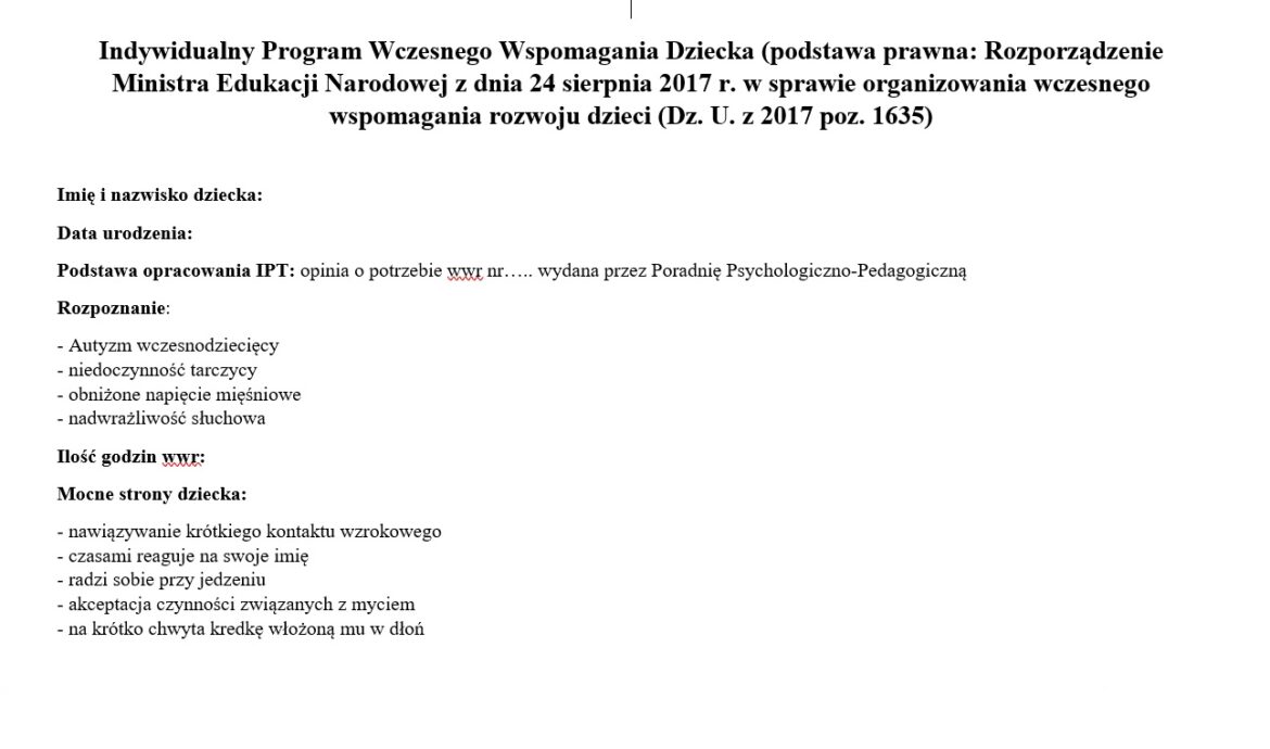 Indywidualny program Wczesnego Wspomagania Rozwoju Dziecka • Złoty Indywidualny Plan Postępowania Wspierająco Aktywizującego Wzór