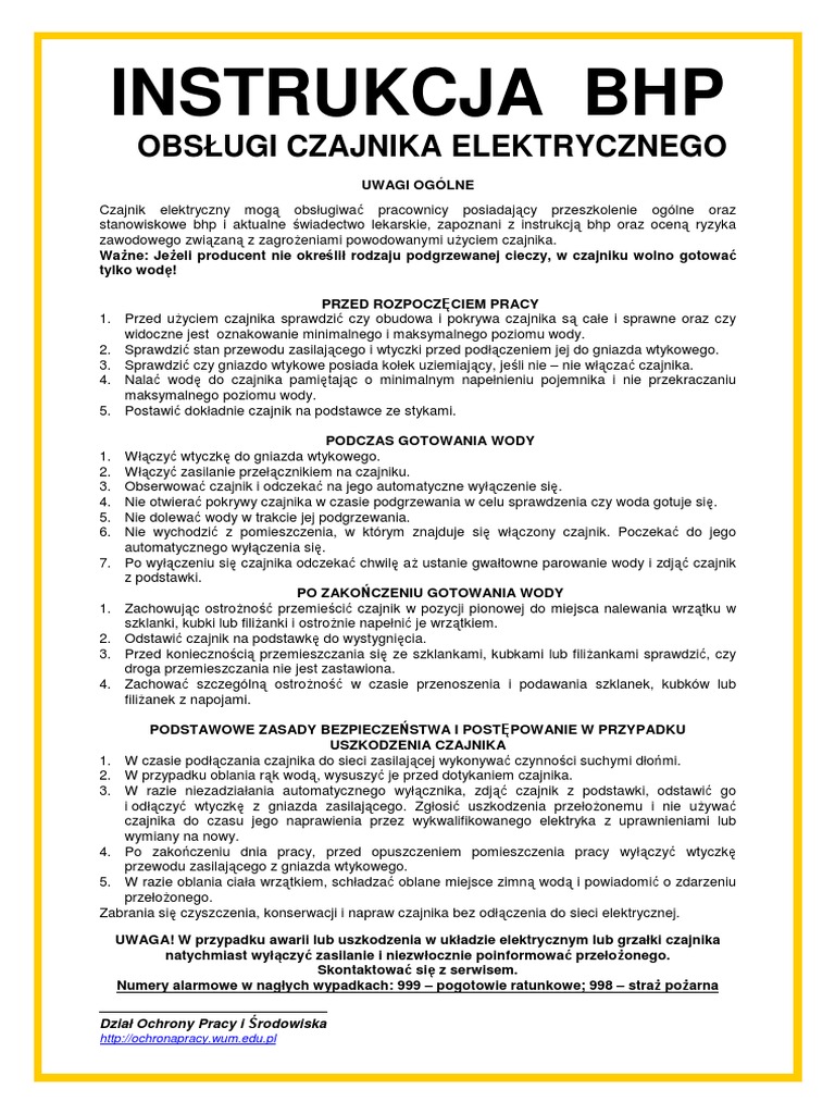 Instrukcja BHP Przy Obsludze Czajnika Elektrycznego | PDF Podaj Treść Zasady Zachowania ładunku Elektrycznego