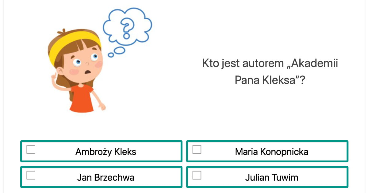 Interaktywne zadanie z lektury Akademia Pana Kleksa dla klas 4, 5, 6 Akademia Pana Kleksa Test Klasa 4