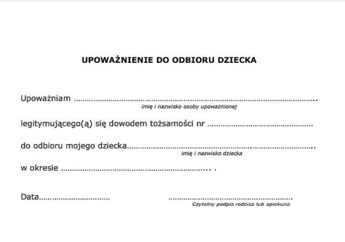 Upoważnienie Do Odbioru Dziecka Ze Szkoły Wzór