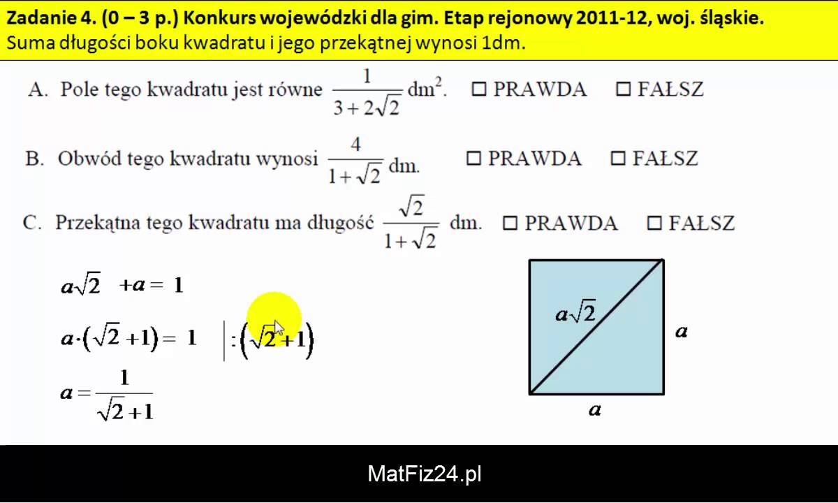 Jak obliczyć pole, obwód i przekątną kwadratu - Zadanie 4 - MatFiz24.pl Jak Obliczyć Pole Kwadratu Z Przekątnej