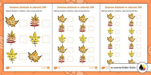 Jesienne dzielenie w zakresie 100 | Karta pracy | 3 poziomy Zadania Na Mnożenie I Dzielenie W Zakresie 100