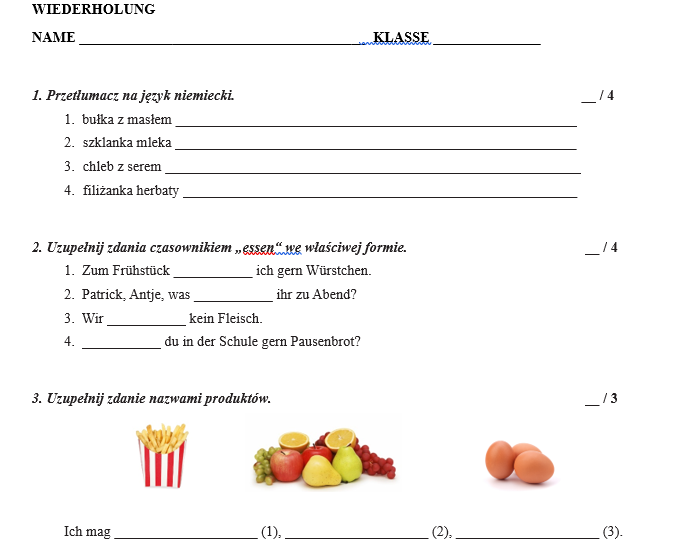 Język niemiecki: K7 - Wiederholung Essen Essen In Deutschland Sprawdzian Klasa 7