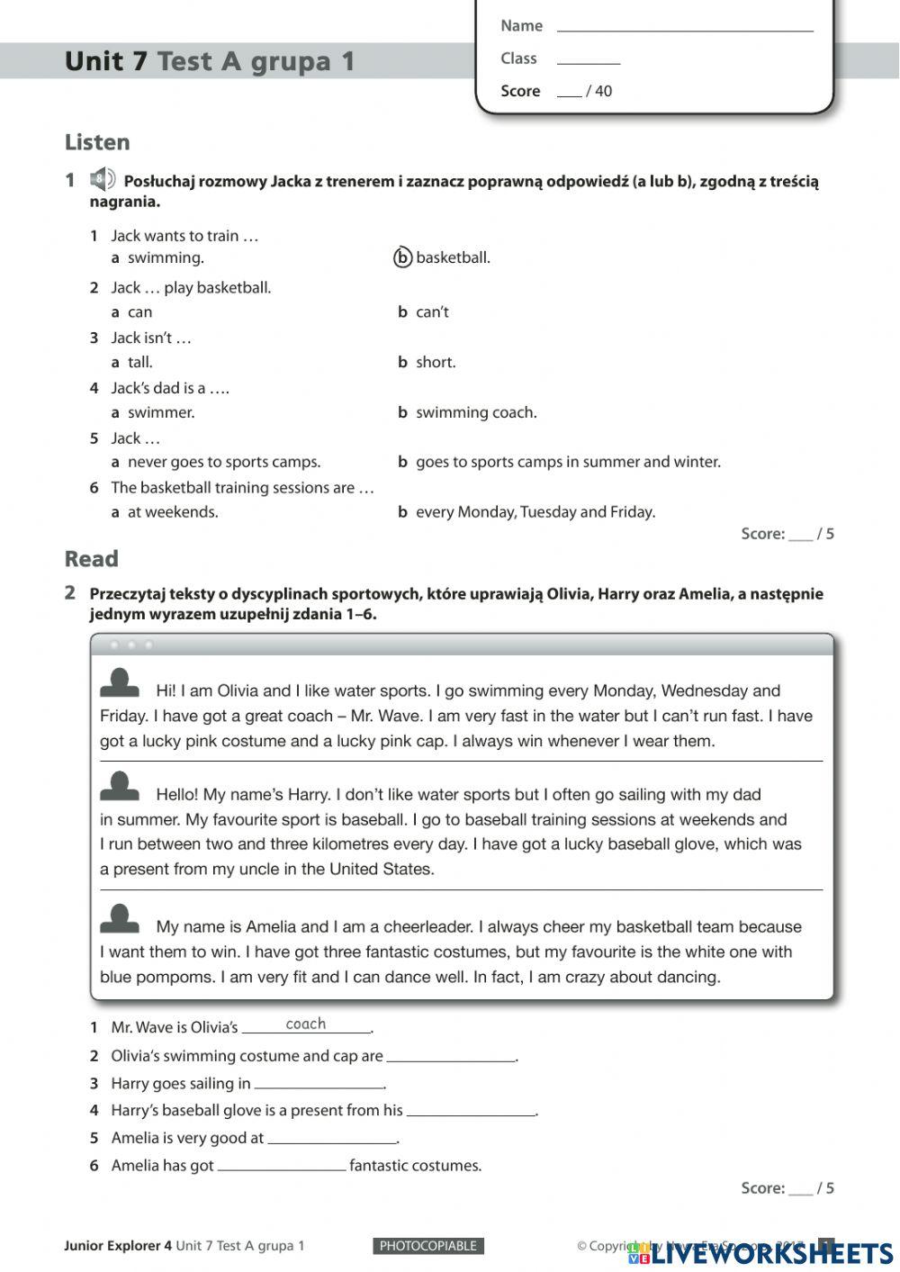 Junior Explorer 4- unit 7 online exercise for | Live Worksheets Junior Explorer Klasa 4 Testy Pdf
