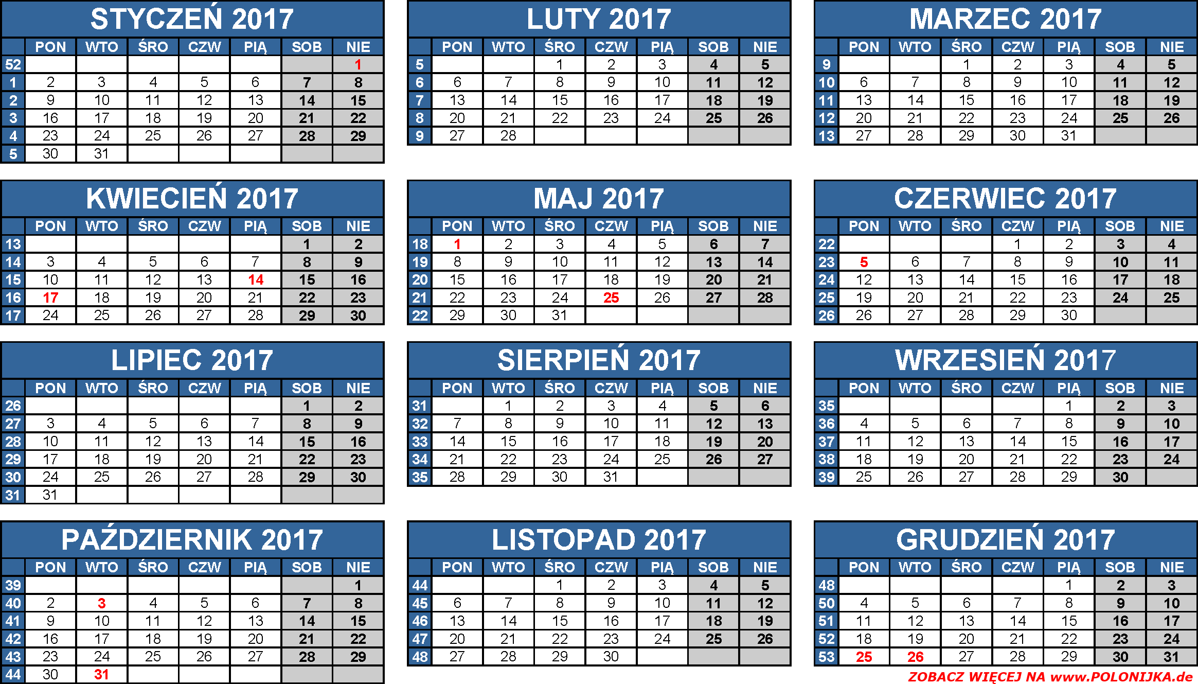 Kalendarz 2017 - dni wolne od pracy i ferie w Niemczech (Land Kalendarz Edycja Sw Pawla 2017