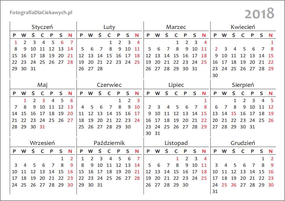 Kalendarz 2018 Ze świętami Do Druku