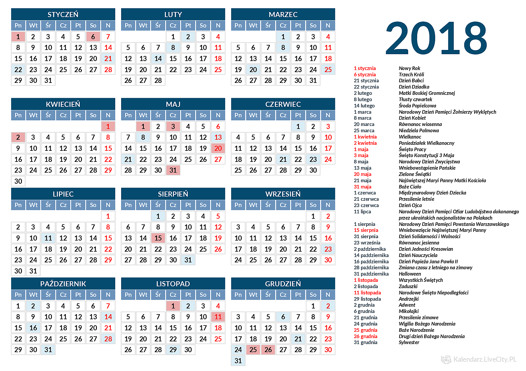 Kalendarz 2018 - Święta, dni wolne i numery tygodni Kalendarz 2018 Z Nr Tygodniami