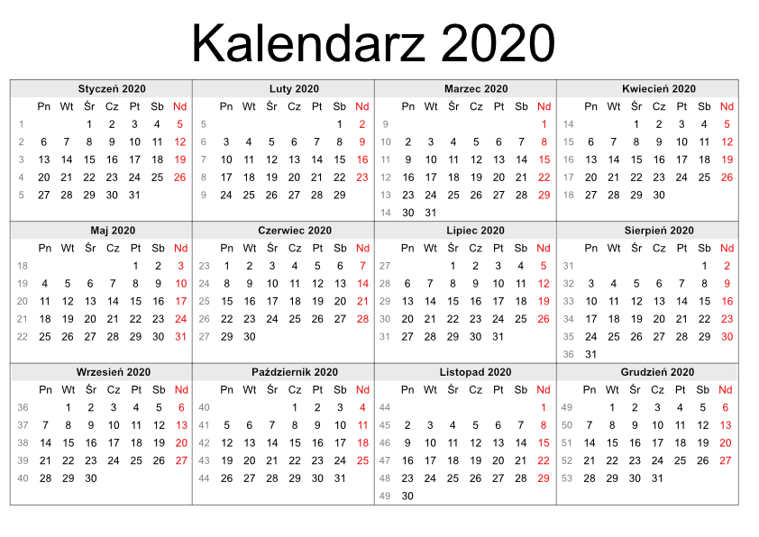 Kalendarz Z Tygodniami 2020 Pdf