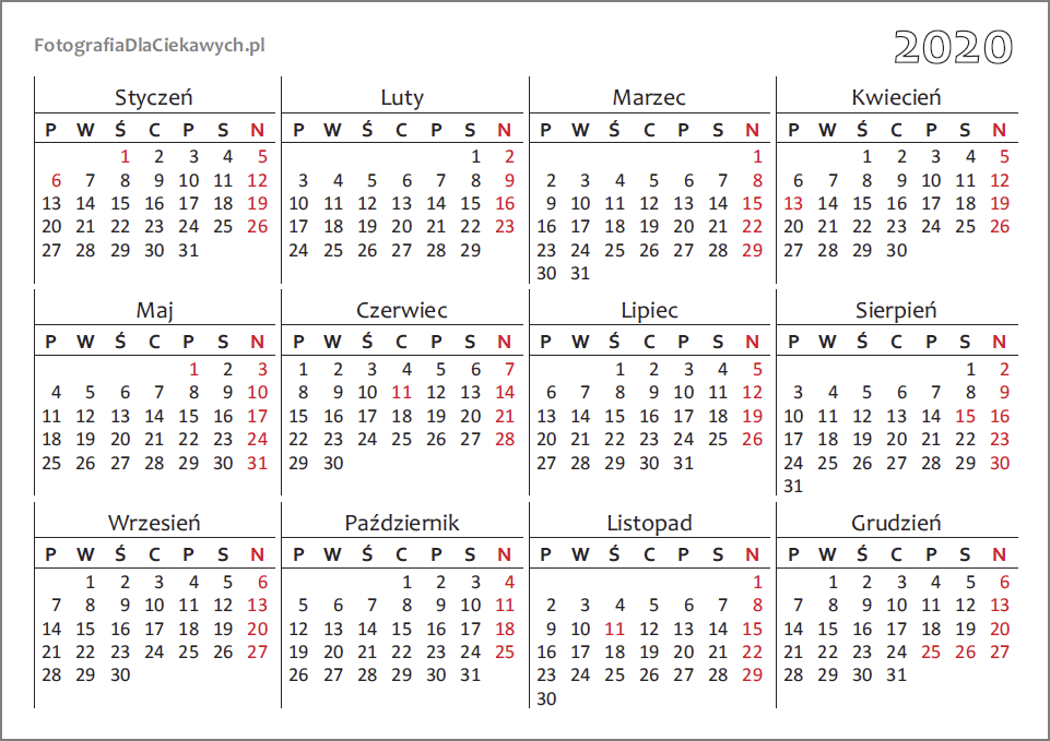 Kalendarz 2020 do druku - plik PDF oraz inne formaty również do edycji Kalendarz Z Tygodniami 2020 Pdf