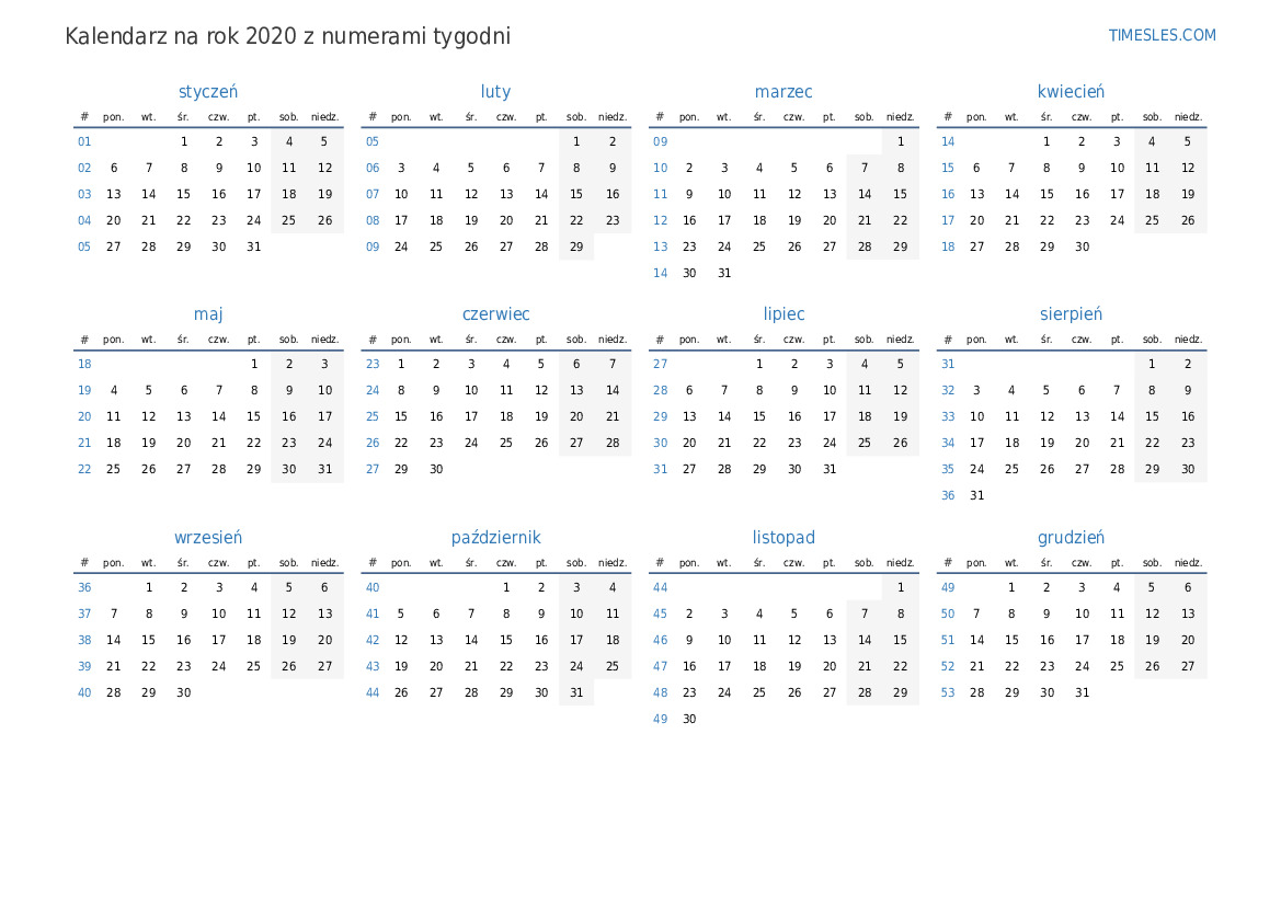 Kalendarz na 2020 rok z tygodniami | Wydrukuj i pobierz kalendarz Kalendarz Z Tygodniami 2020 Pdf