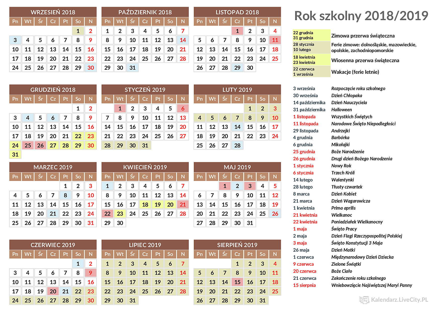 Kalendarz szkolny 2018/2019 do druku Dni Wolne Od Nauki W Roku Szkolnym 2018 19