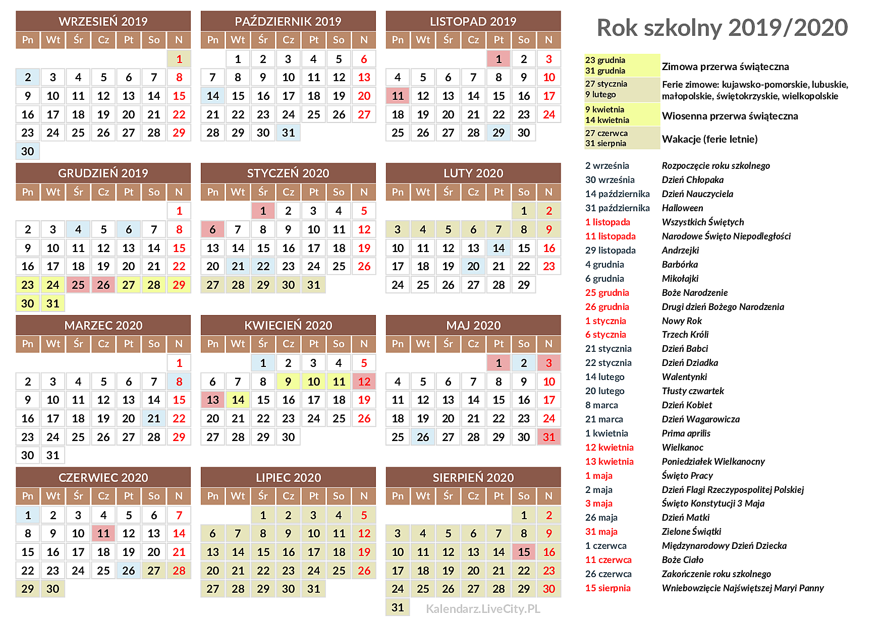 Kalendarz szkolny 2019/2020 do druku Kalendarz Szkolny 2019 20 Biedronka