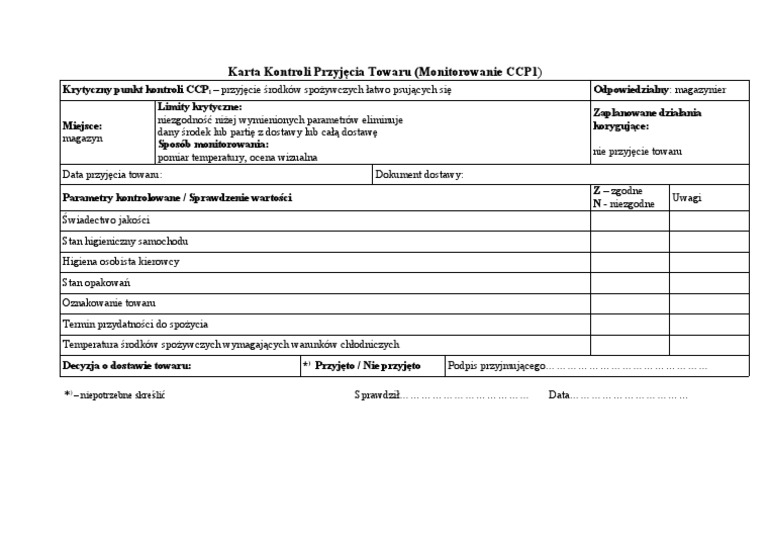 Karta Kontroli Przyj - Cia Towaru CCP1 | PDF Karta Kontroli Jakości Produktu Wzór
