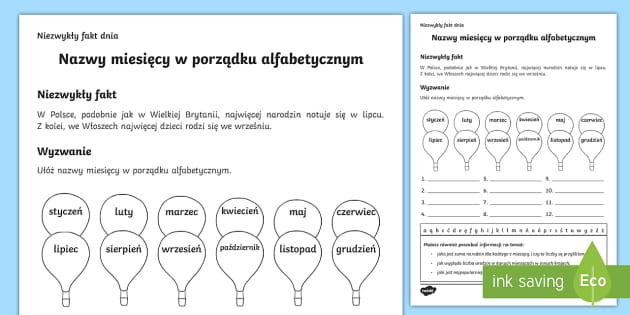 Karta Nazwy miesięcy w kolejności alfabetycznej - Twinkl Ułóż Wyrazy W Kolejności Alfabetycznej Klasa 2