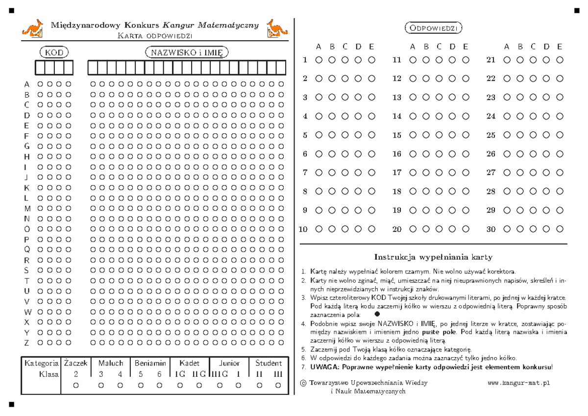 Karta Odpowiedzi Kangur - Międzynarodowy Konkurs Kangur Matematyczny Puls życia 5 ćwiczenia Odpowiedzi Pdf