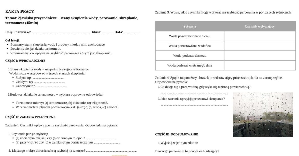 KARTA PRACY - Zjawiska przyrodnicze – stany skupienia wody, parowanie Sprawdzian Z Przyrody Klasa 4 Zjawiska Przyrodnicze