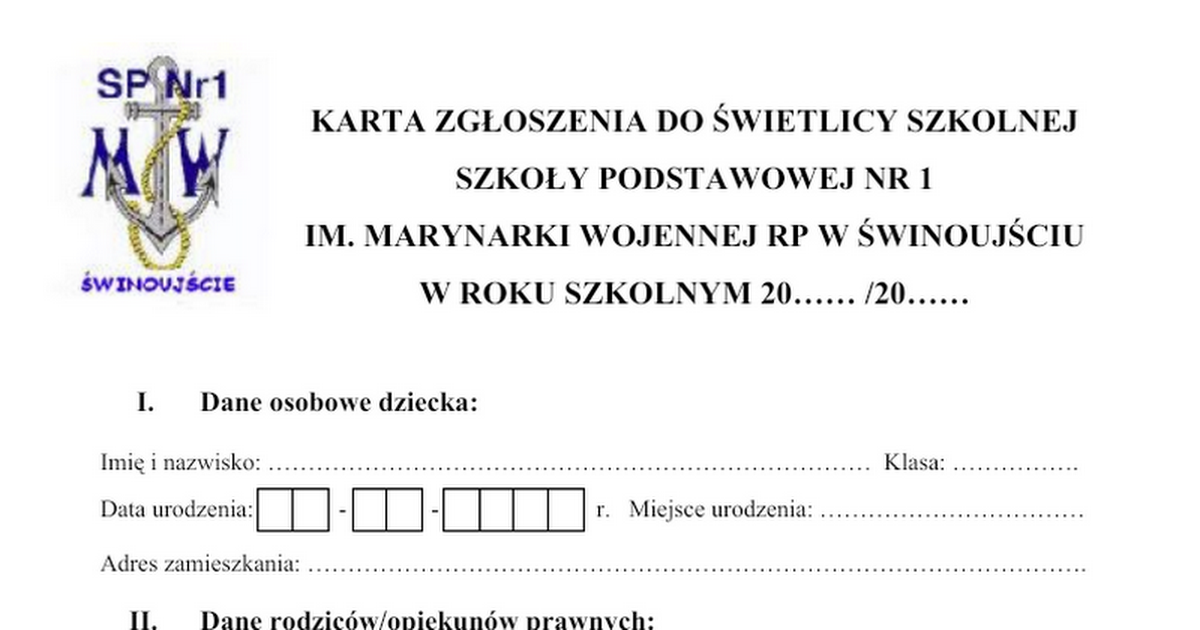 Karta zgłoszenia do świetlicy szkolnej - Google Docs Przykładowe Wpisy Do Dziennika świetlicy Szkolnej