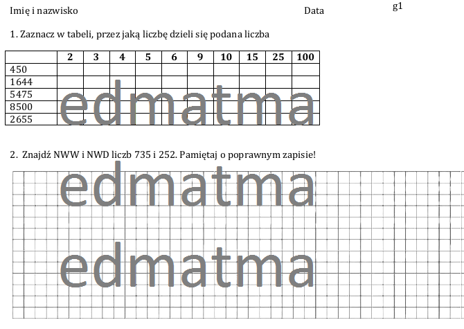 Kartkówka - cechy podzielności liczb, nww, nwd • Złoty nauczyciel Kartkówka Równania Klasa 8 Gwo