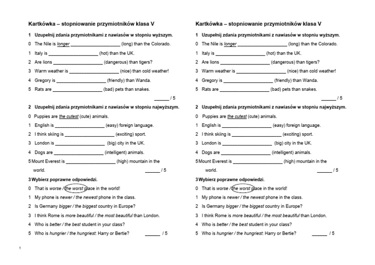 Kartkówka Klasa 5 - Stopniowanie Przymiotników | PDF | Dogs | Animals Sprawdzian Z Przymiotnika Klasa 5