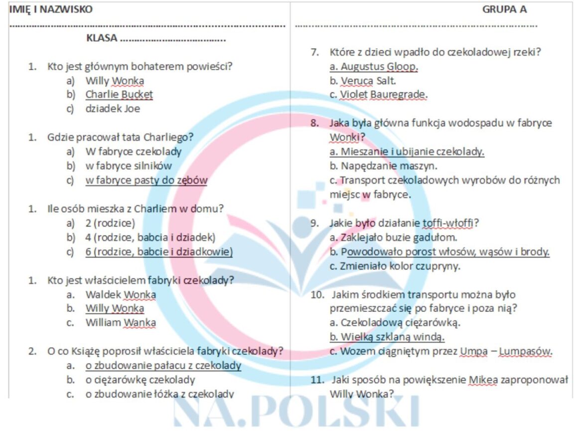 Kartkówka z treści "Charlie i fabryka czekolady" • Złoty nauczyciel Test Z Lektury Charlie I Fabryka Czekolady Z Odpowiedziami