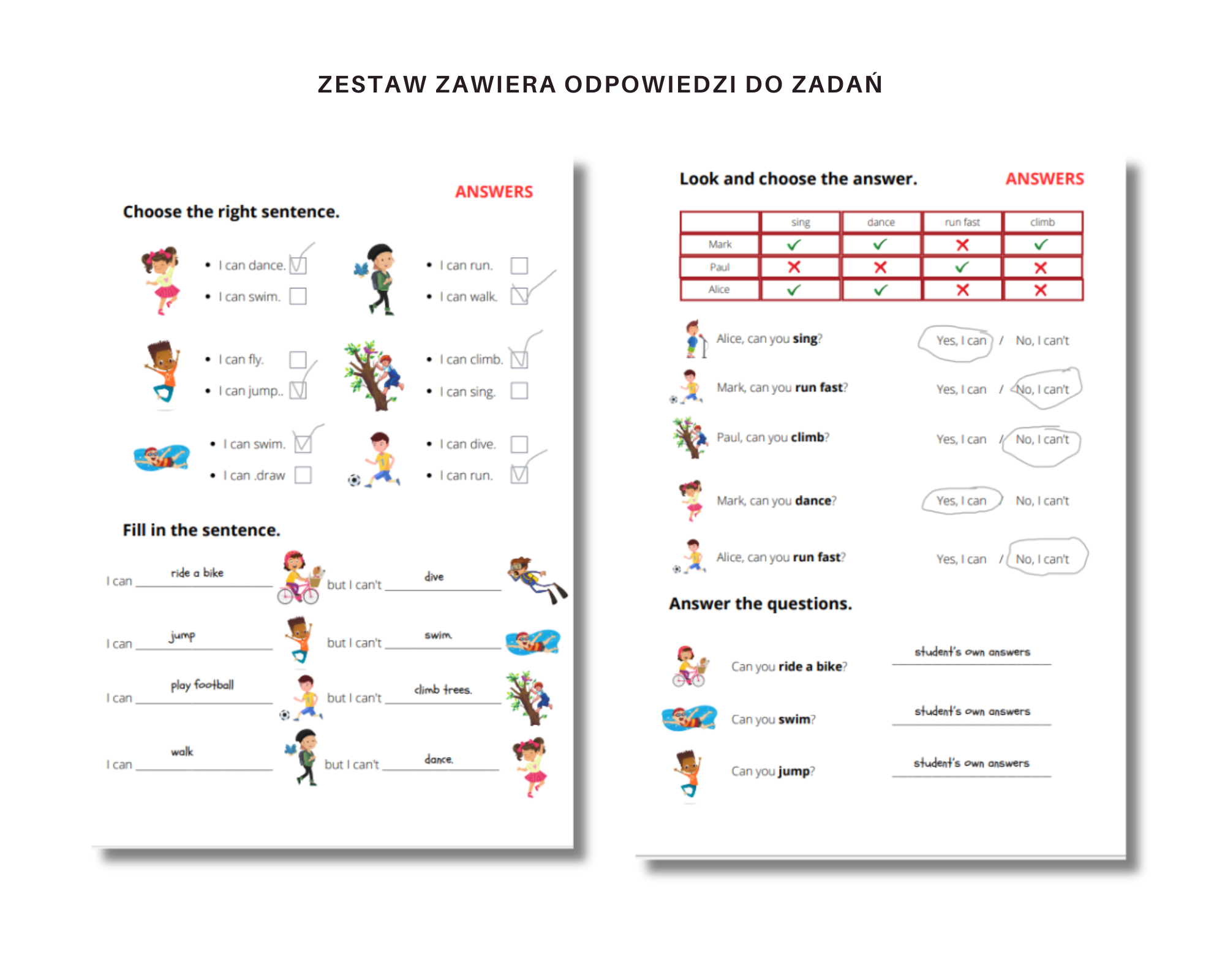 Karty pracy + Czasownik CAN + nazwy czynności i umiejętności • Złoty Czasownik Karty Pracy Klasa 4