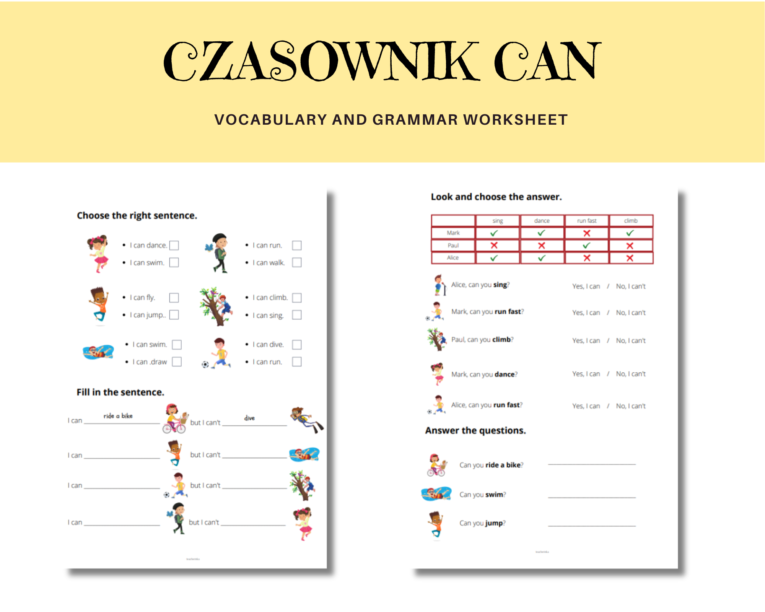 Karty pracy + Czasownik CAN + nazwy czynności i umiejętności • Złoty Czasowniki Klasa 2 Karty Pracy