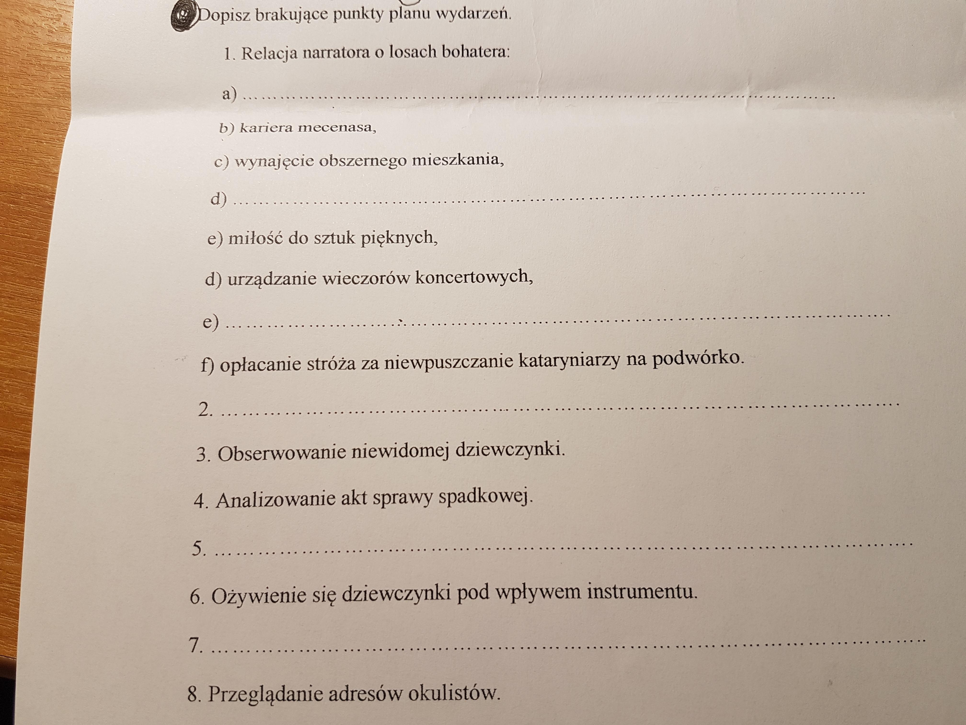 ,,Katarynka" Bolesław Prus. Plan wydarzeń. Kto pomoże pliss nie Dopisz Brakujące Punkty Planu Wydarzeń Katarynka