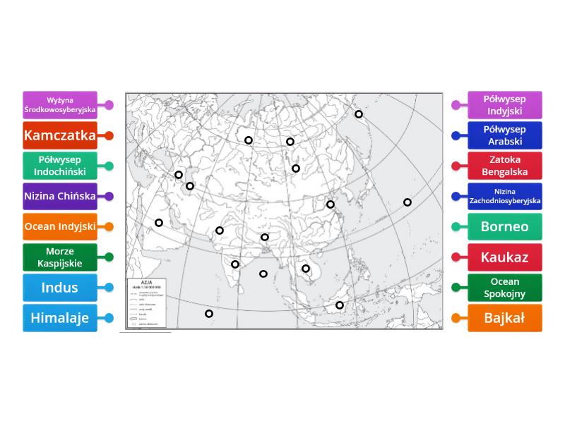 KL. 8. Mapa fizyczna Azji - Rysunek z opisami Kartkówka Geografia Klasa 8 Azja