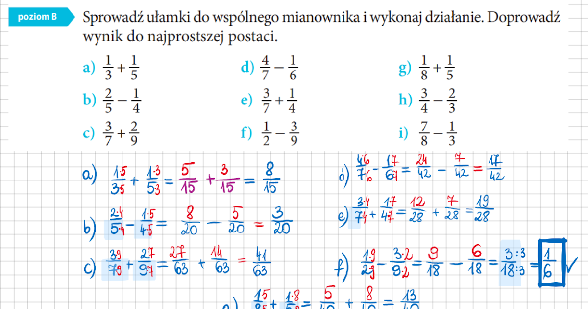 Test Dodawanie I Odejmowanie Ułamków O Różnych Mianownikach