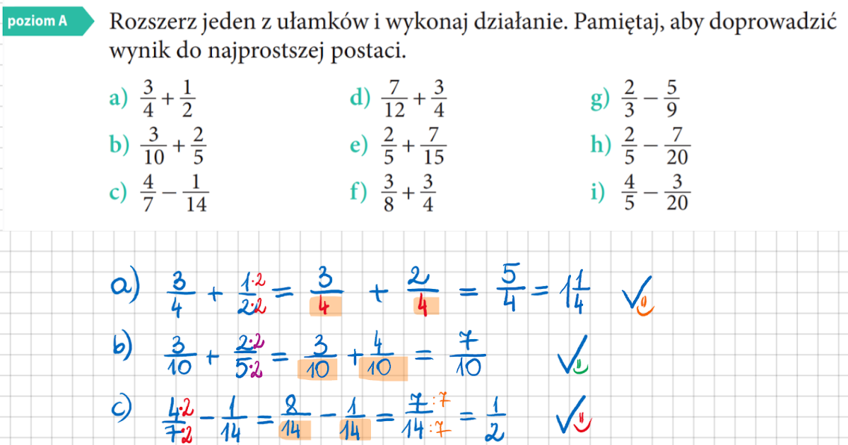 KLASA 5 Temat: Dodawanie i odejmowanie ułamków o różnych mianownikach. Matematyka Klasa 5 Zadania Ulamki