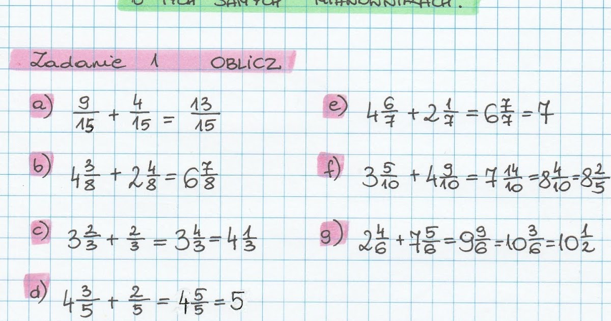 Ulamki Zwykle Dodawanie I Odejmowanie Sprawdzian Klasa 5
