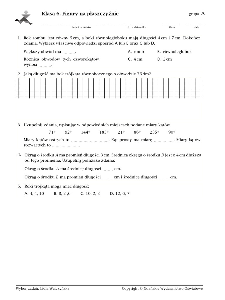Klasa 6 - Karta Pracy - Figury Na Plaszczyznie | PDF Test Figury Na Plaszczyznie