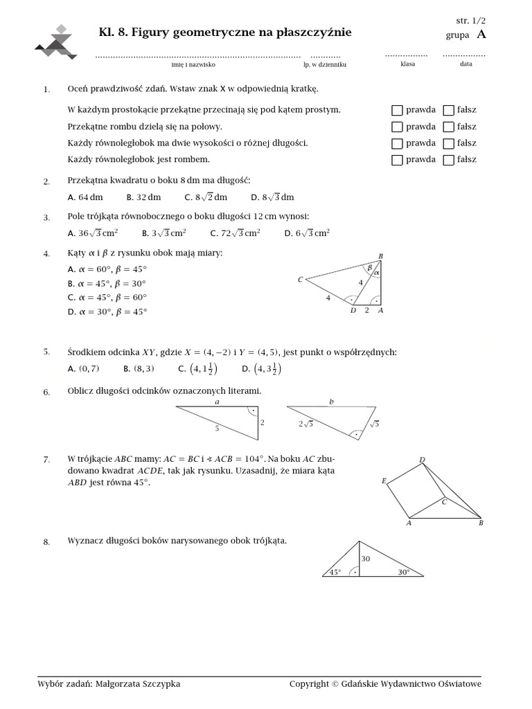 Klasa 8 Figury Geometryczne Na Plaszczyznie | PDF Test Figury Na Plaszczyznie
