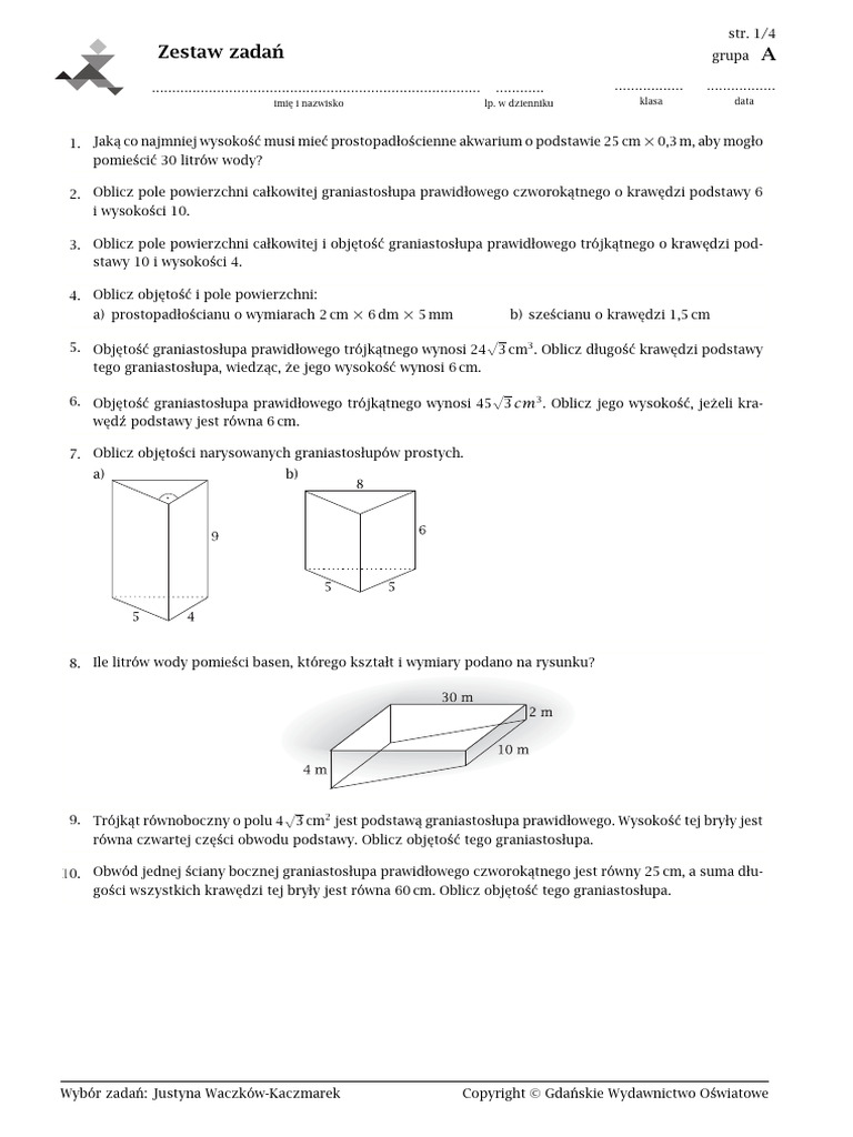 klasa_8b_graniastosłupy zestaw zadań cz 1 | PDF Sprawdzian Z Matematyki Klasa 8 Graniastosłupy I Ostrosłupy
