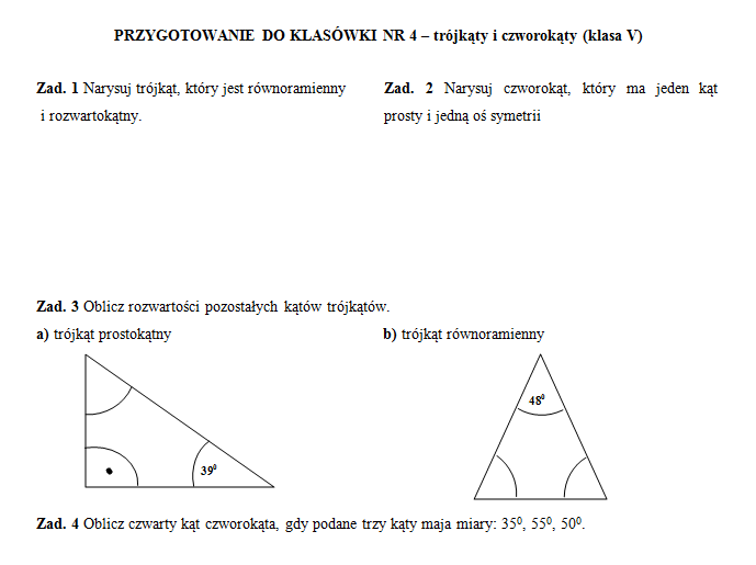 Klasówka 4 (klasa V) – trójkąty i czworokąty | MATEMATYKA W PODSTAWÓWCE Kartkowka Po Dziale 3 W Malej I W Duzej Ojczyznie